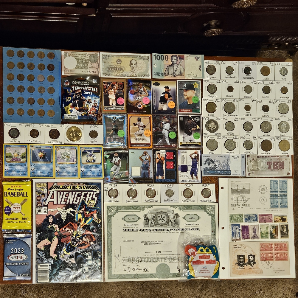 Collector's Item/Junk Drawer Lot - US/World Coins & Notes, Stamps, Cards & More!